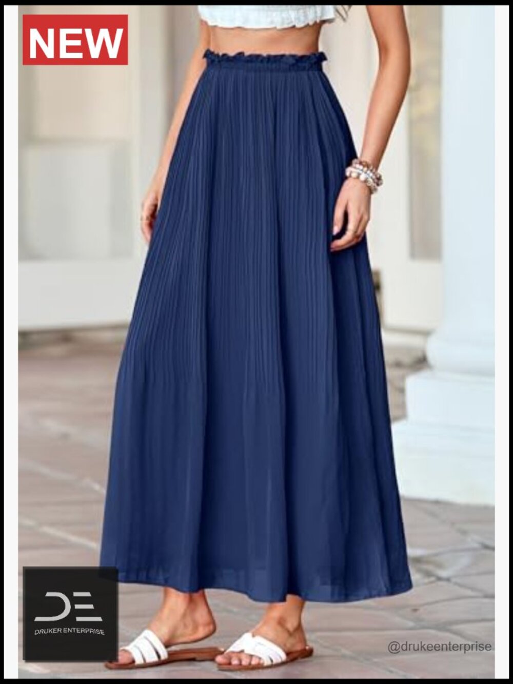 Flowy A-Line Pleated Midi Skirt with Elastic Waist, Solid - Picture 3 of 7